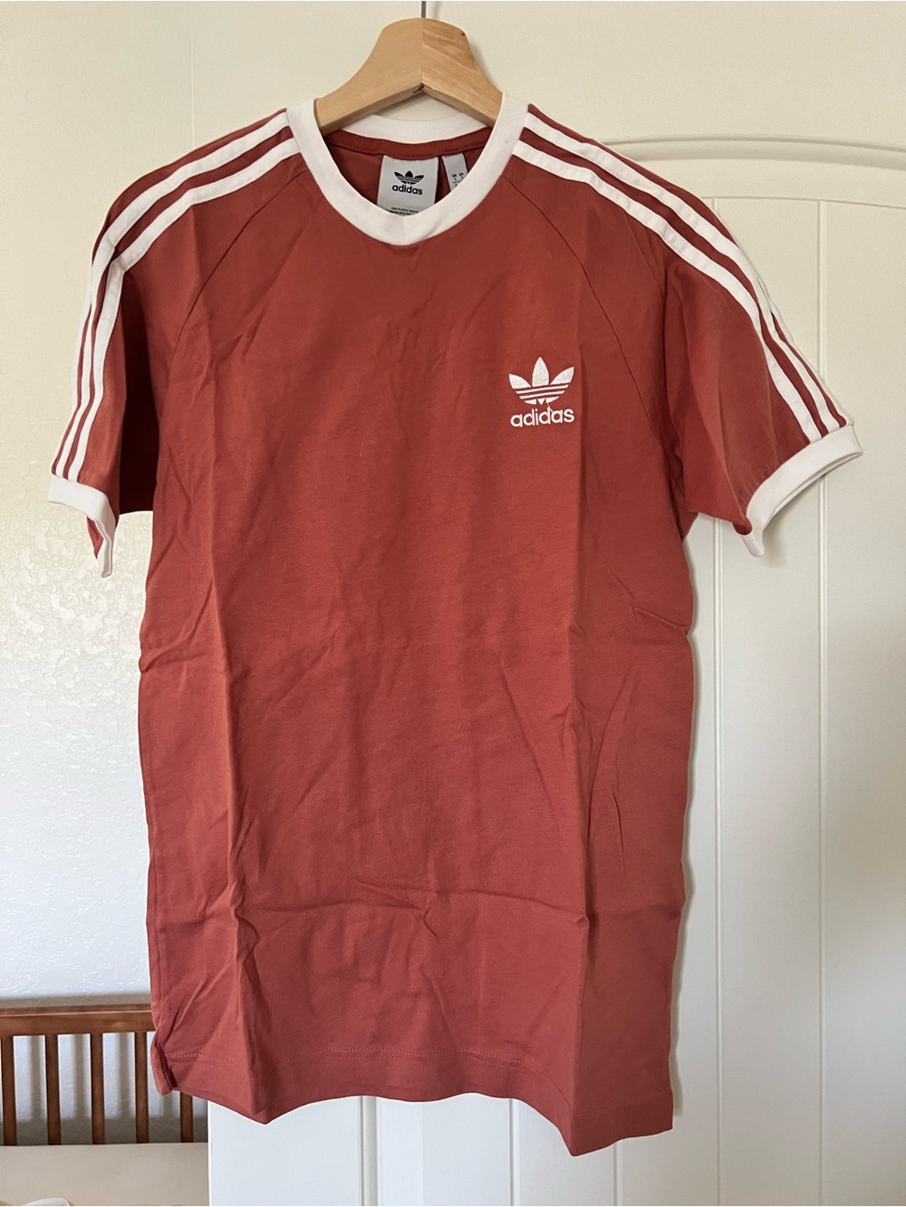 adidas women's Rust Red Trefoil Ringer Tee with White Stripes